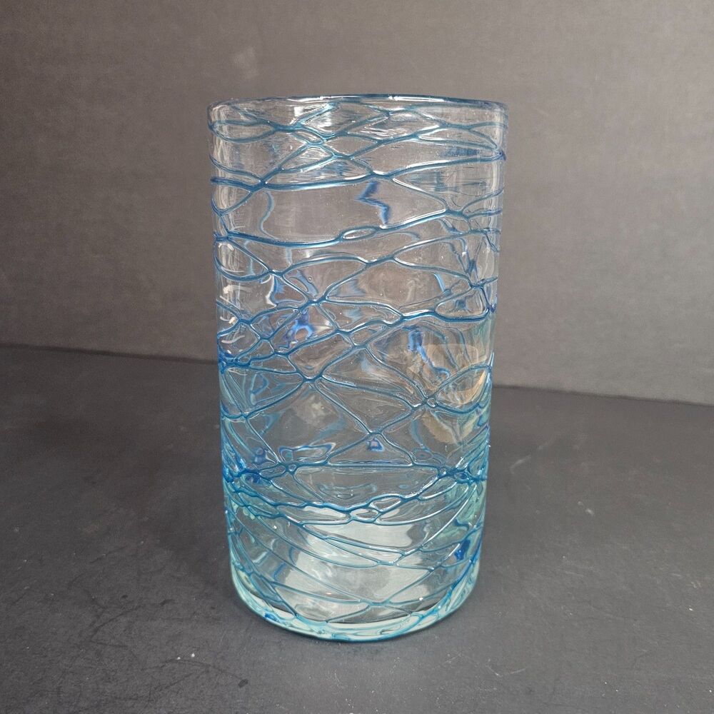 Handmade Mexican Style Glass Vase Clear with Blue Swirls 7.75"